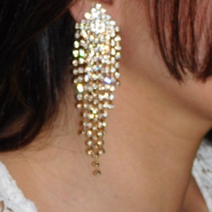 Gold Rhinestone Crystal Earrings Bridal / Party Chandelier Clip Earrings /42