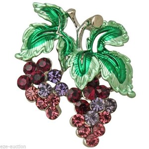 Gorgeous Enameled Grape Wine Crystal Brooch Pin