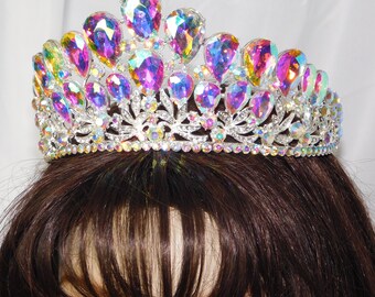 Silver AB  Rhinestone Glass Crystal Beauty Queen Large Tiara Crown Bridesmaids /1267