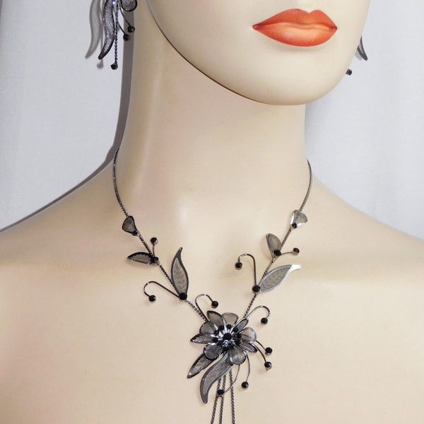 Necklace Jewelry Sets Black Mesh and Black Crystal Gun Metal Necklace, Earrings set Prom Party Set /11358