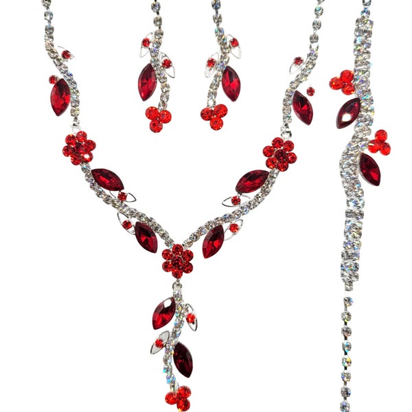 3PC Red Roses Jewelry Sets Necklace & Earrings and Bracelet Set Roses Round , Marquise Rhinestone Crystal Weddings Jewelry Set /15973