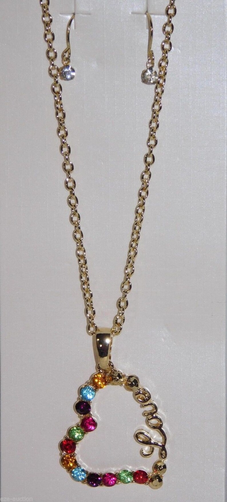 Brand New Valentines Day Love Heart Gold Rhinestone Necklace and Earrings Set