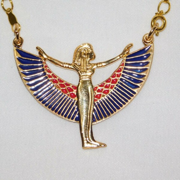 Egyptian Gift Goddess ISIS Open Wings Hand Made Enameled Brass necklace chain pendant