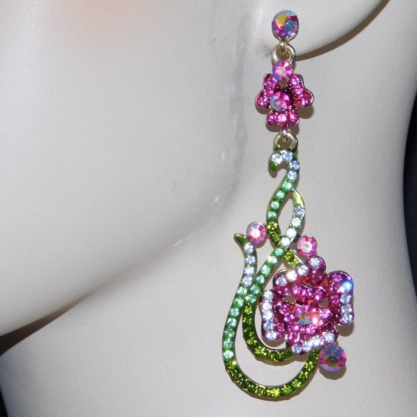 Fuchsia Earrings Crystal Earrings flower Dangle Drop Jewelry Earrings /4591