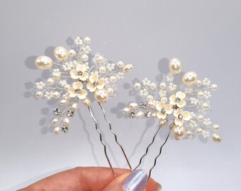 Floral bridal hair pins, wedding hair pins, Floral hairpiece, bridal Hair Accessory Set of (2) flower pins Hair Clips / 3428