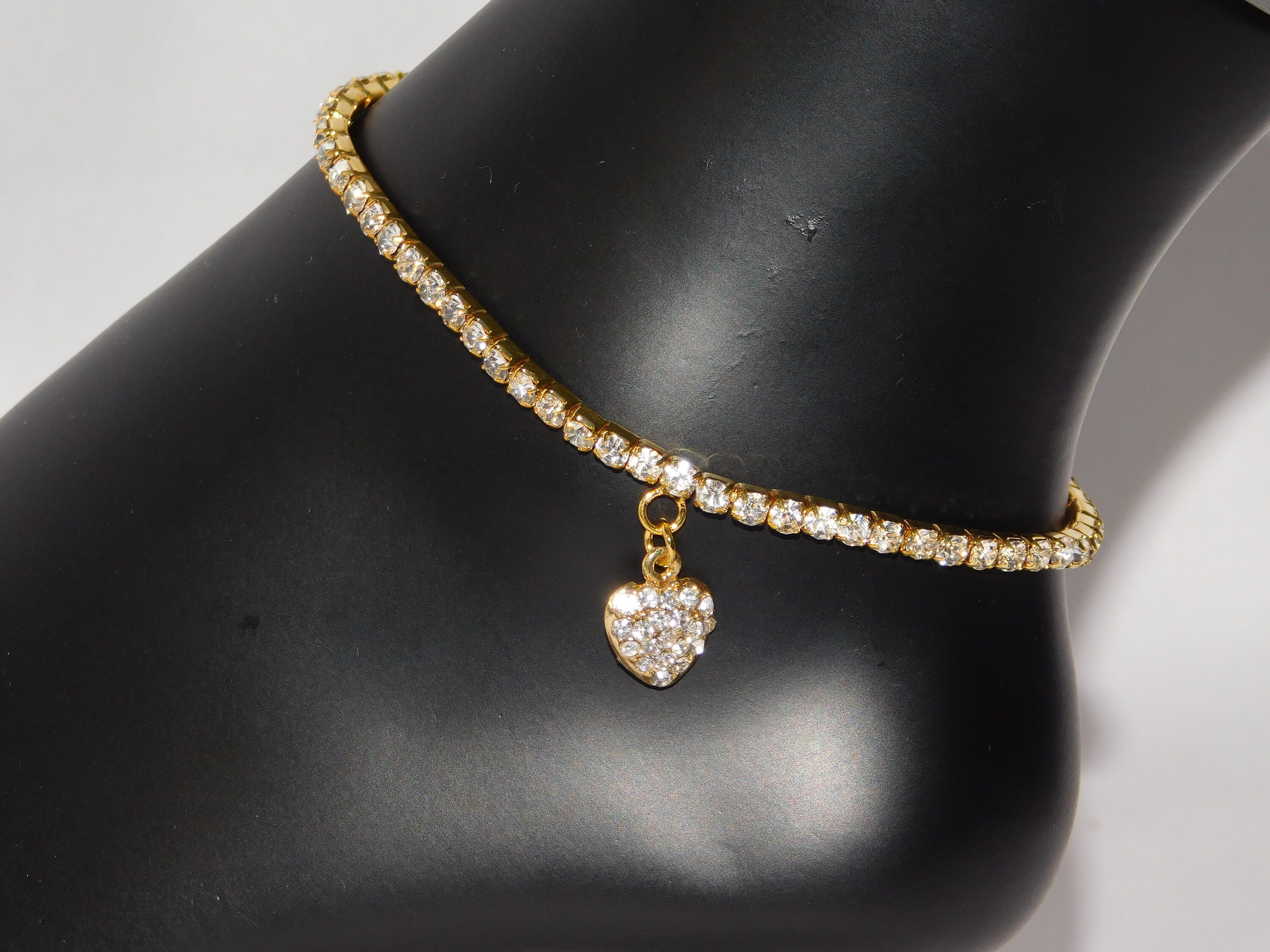 Clear Crystal Rhinestone LOVE HEART Charm Anklet barefoot Bridal jewellery