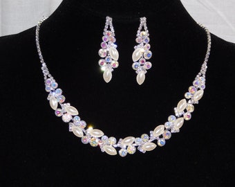 Silver AB Rhinestone Crystal and White Pearl Necklace and Earrings Bridal Set /17562