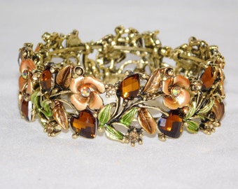 Gold Brown Flower,Heart flexible Cuff Bracelet Enamel, Rhinestone Crystal /401