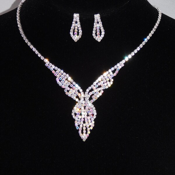 Silver AB Bridal Set Rhinestone Crystal Bridal Necklace Earrings Prom Set /Girls Set 18841