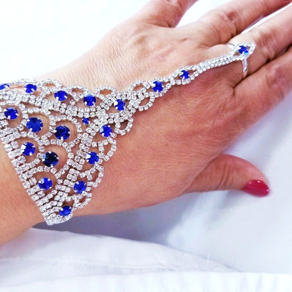 Silver Royal Blue Crystal Rhinestone Bridal Bracelet Slave - Cuff, Attached Ring Set /8619