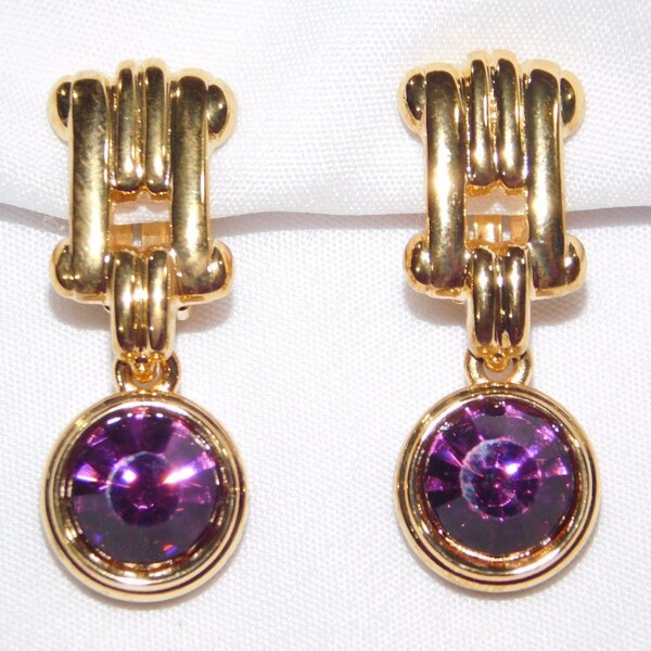 Bijoux Cascio Goldtone and Amethyst Dangle Clip Earrings