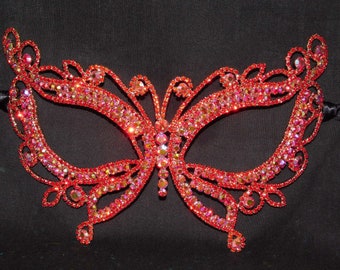 Red Rhinestone Crystal Eye Masquerade Butterfly Mask Mardi Gras Party W. Black Ribbon