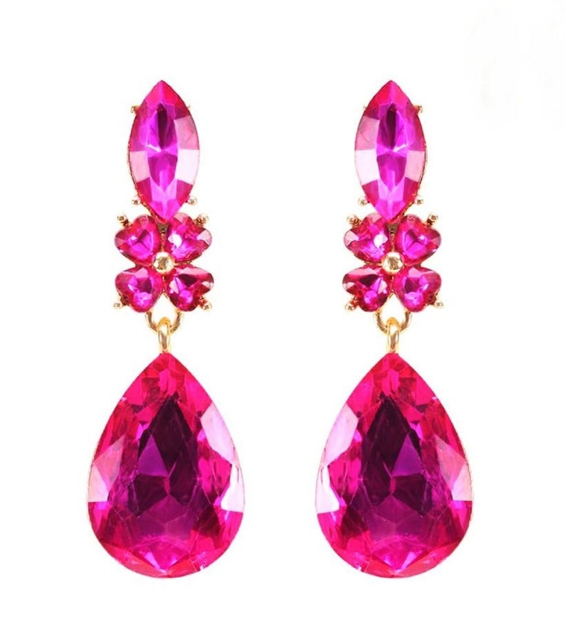 Brand New Fuchsia Rhinestone Crystal Dangle Teardrop Clip Earrings