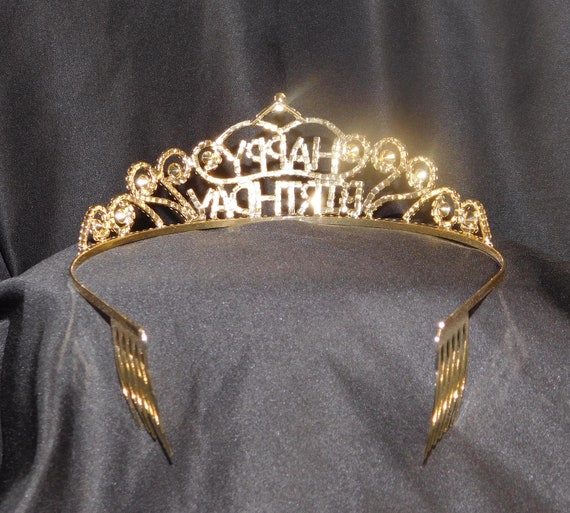 Happy Birthday Tiara Gold AB Rhinestone Crystal Princess Crown