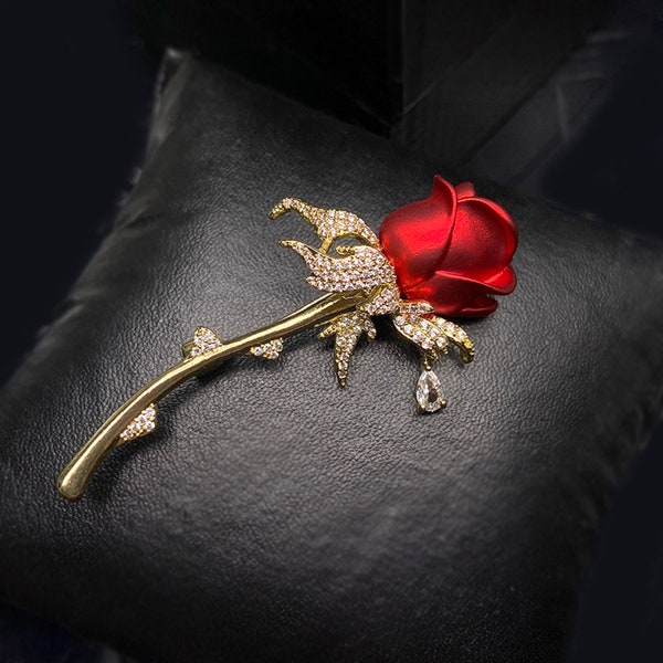 Red Rose Flower Brooch Dainty Large Floral Pin 14K Gold Plated | Shiny Wedding Gift Brooch Coat Pin Scarf Buckle Gift For Her w. gift box