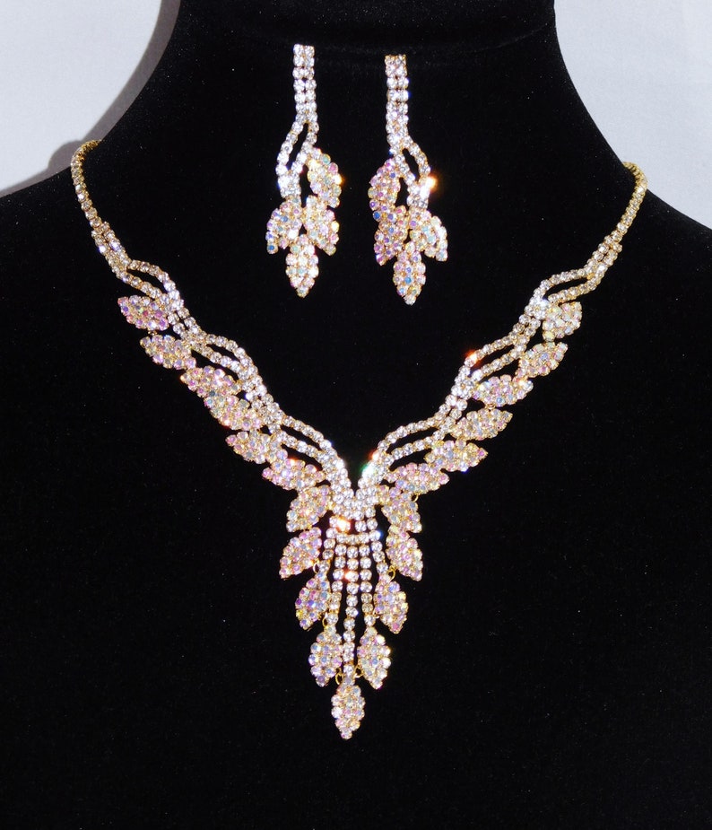 Gold AB /& Clear Rhinestone Crystal Necklace Clip Earrings bridal Set 18835