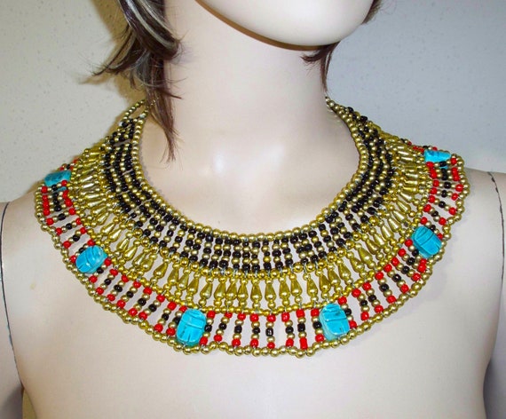 Hand Made Pharaoh Collar egyptian Necklace With 7 Scarabs Ancient