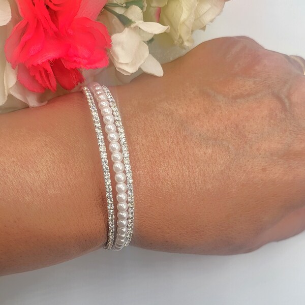 Wedding bracelet cuff 3 Line white pearl , Silver rhinestone flexible bracelet Bridal cuff /2952