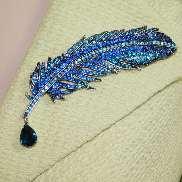 Blue Sapphire Rhinestone design feather with dangling teardrop crystal Brooch Pin gift for mom Wedding Brooch, Pin /2758