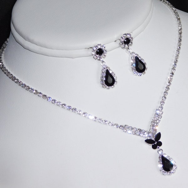 Jet Black butterfly Necklace set W. Silver Rhinestone Crystal Bridal Necklace and Earrings Set /19163