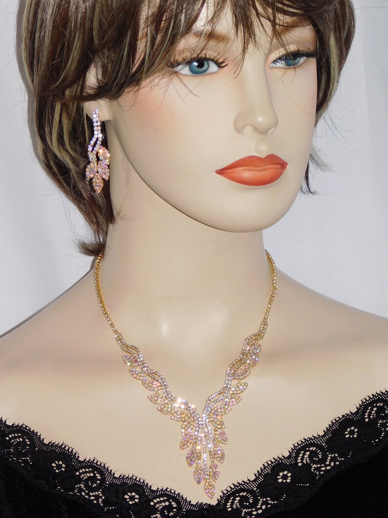 Gold AB /& Clear Rhinestone Crystal Necklace Clip Earrings bridal Set 18835