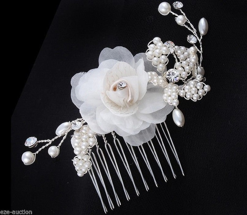 Brand New Brilliant Bride Wedding Ivory Hair Comb With Organza Flowers Pearl and Crystal 3757