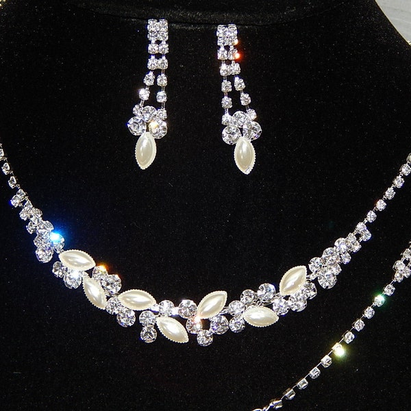 3PC Set Bridal Silver W. Rhinestones, Ivory Pearl Weddings Jewelry - Jewelry Sets Necklace, Earrings and Bracelet /15009