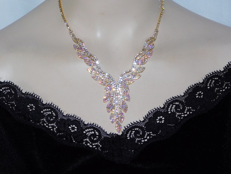 Gold AB /& Clear Rhinestone Crystal Necklace Clip Earrings bridal Set 18835