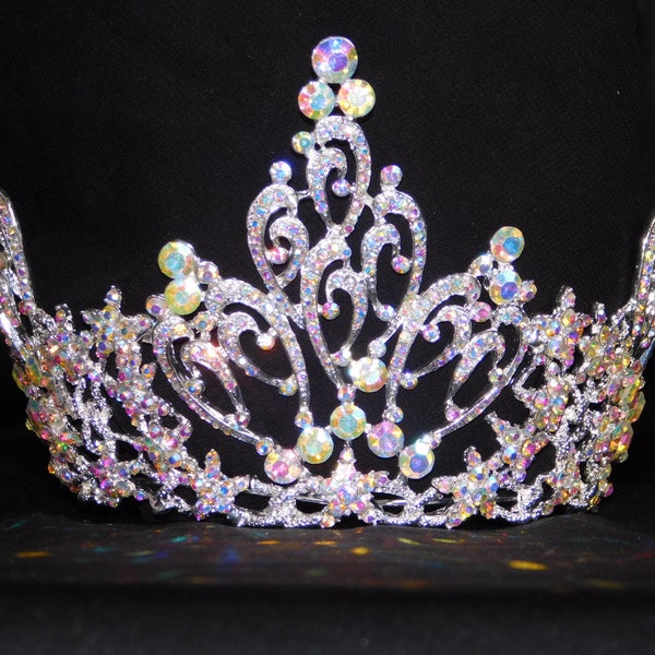 Full round Crown Bridal Pageant Silver AB Rhinestone Crystal Queen Tiara /1370