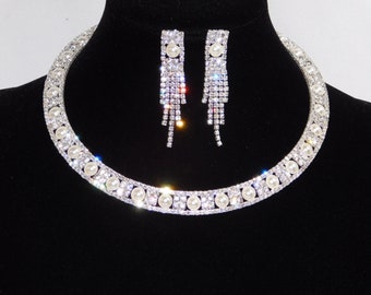 Silver W. Ivory Pearl & Rhinestone Wedding Choker Necklace and Earrings Set /15171
