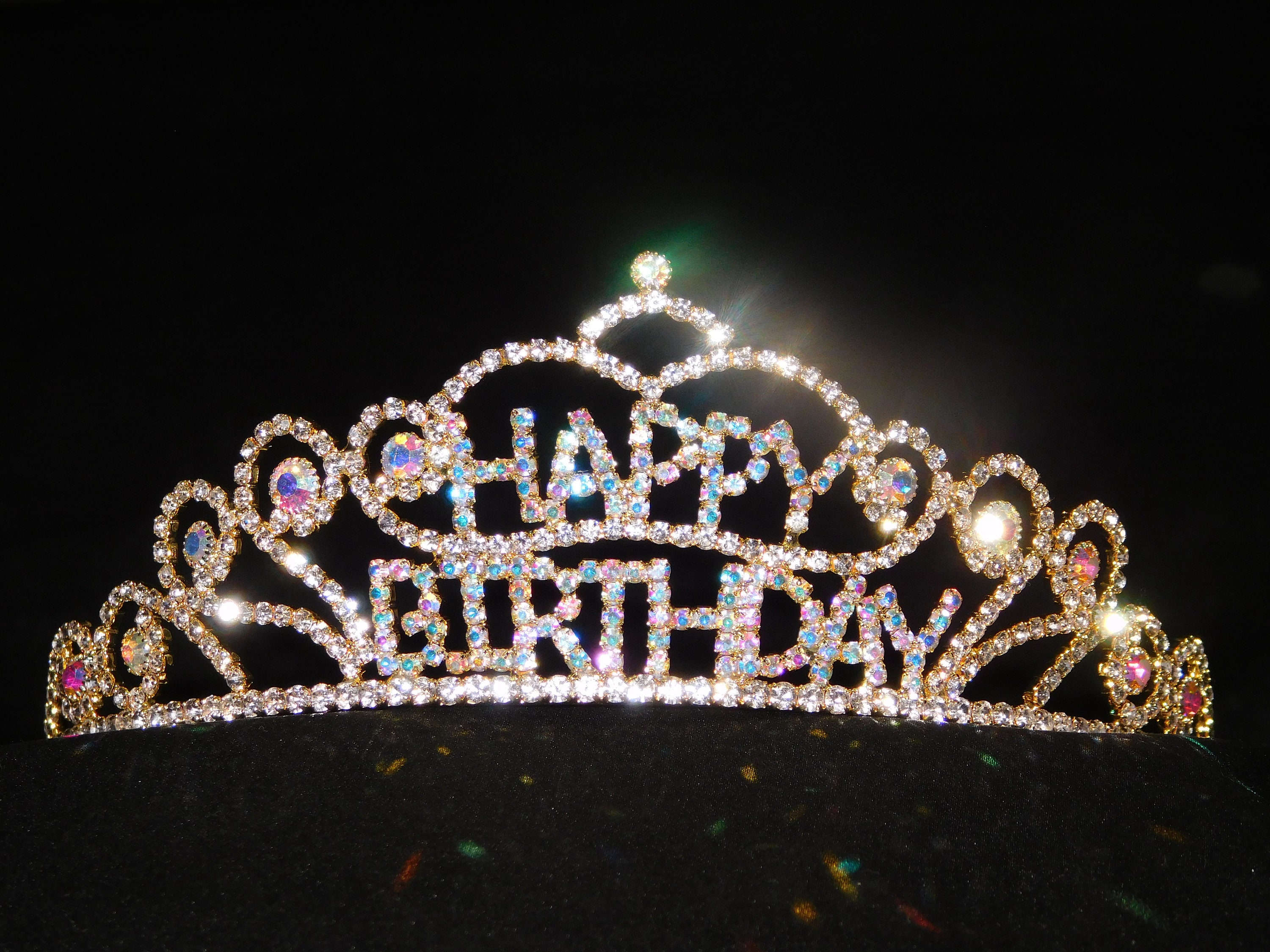 Happy Birthday Tiara Gold AB Rhinestone Crystal Princess Crown