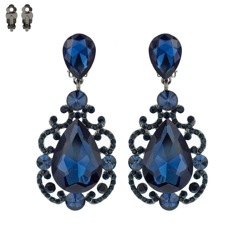 Clip Earrings Bridal Party Navy Blue Rhinestone Crystal Prom Etsy