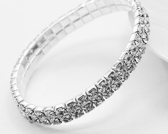 Silver Bracelet Diamond Crystal adjustable Rhinestone 2 Row Stretch bridal Bracelet Bangle prom Cuff /1054