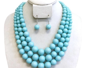 3 Multi Strand Necklace and Earrings Set Turquoise Blue Layered Pearl