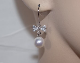 Crystal pearl earrings, bow wedding earrings, pearl earrings, pearl drop earrings, bridal earrings, bridesmaid earrings