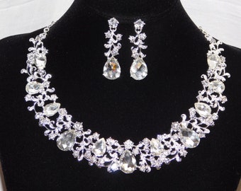 Bridal Set Silver Clear Rhinestone Crystal Necklace and drop Earrings /15369