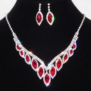 Silver Clear Rhinestone and Red Ruby Marquise Bridal Party Necklace, Earrings Set 15947