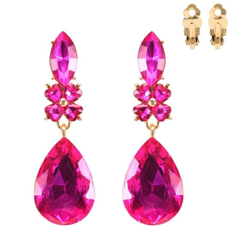 Brand New Fuchsia Rhinestone Crystal Dangle Teardrop Clip Earrings