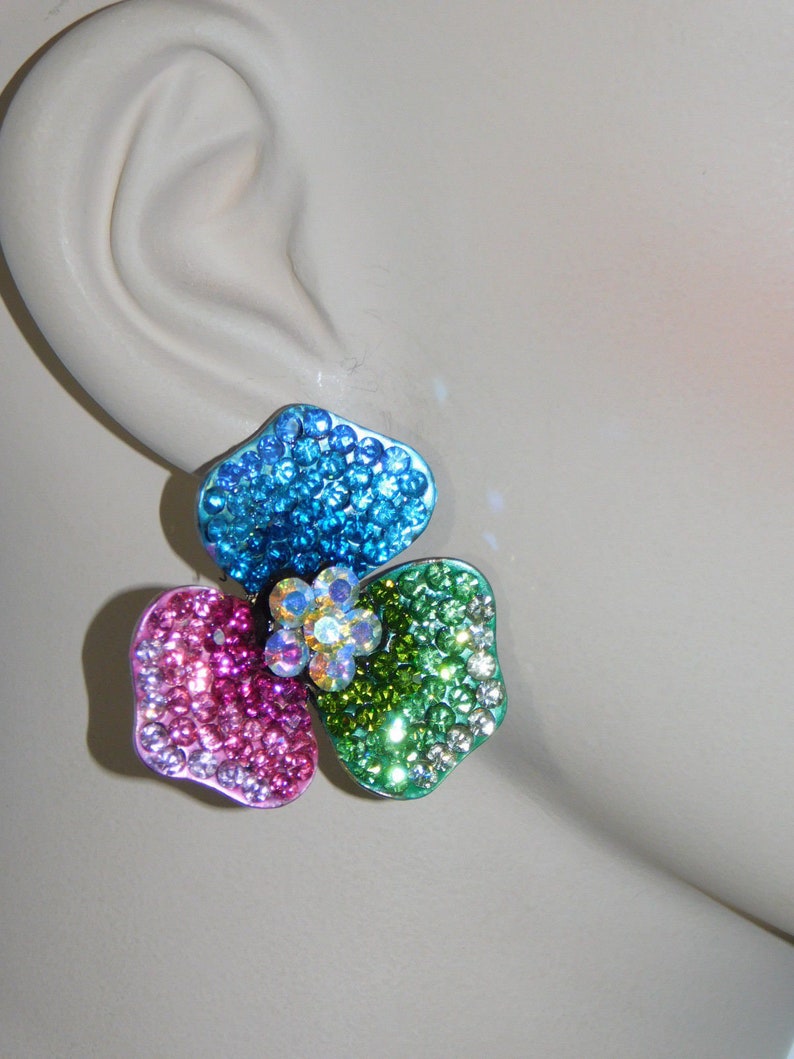 Multi Color Earrings Gold Tone Multi Color Rhinestone Crystal Flower ...