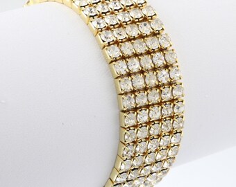 Handmade Gold Bracelet Diamond Crystal Rhinestone 5 Row Stretch bridal Bracelet Bangle prom Cuff /1056