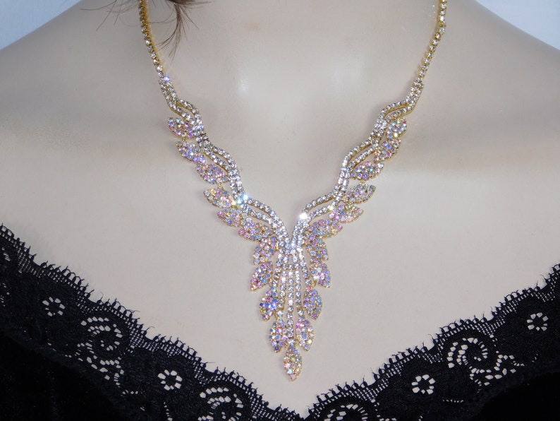 Gold AB /& Clear Rhinestone Crystal Necklace Clip Earrings bridal Set 18835