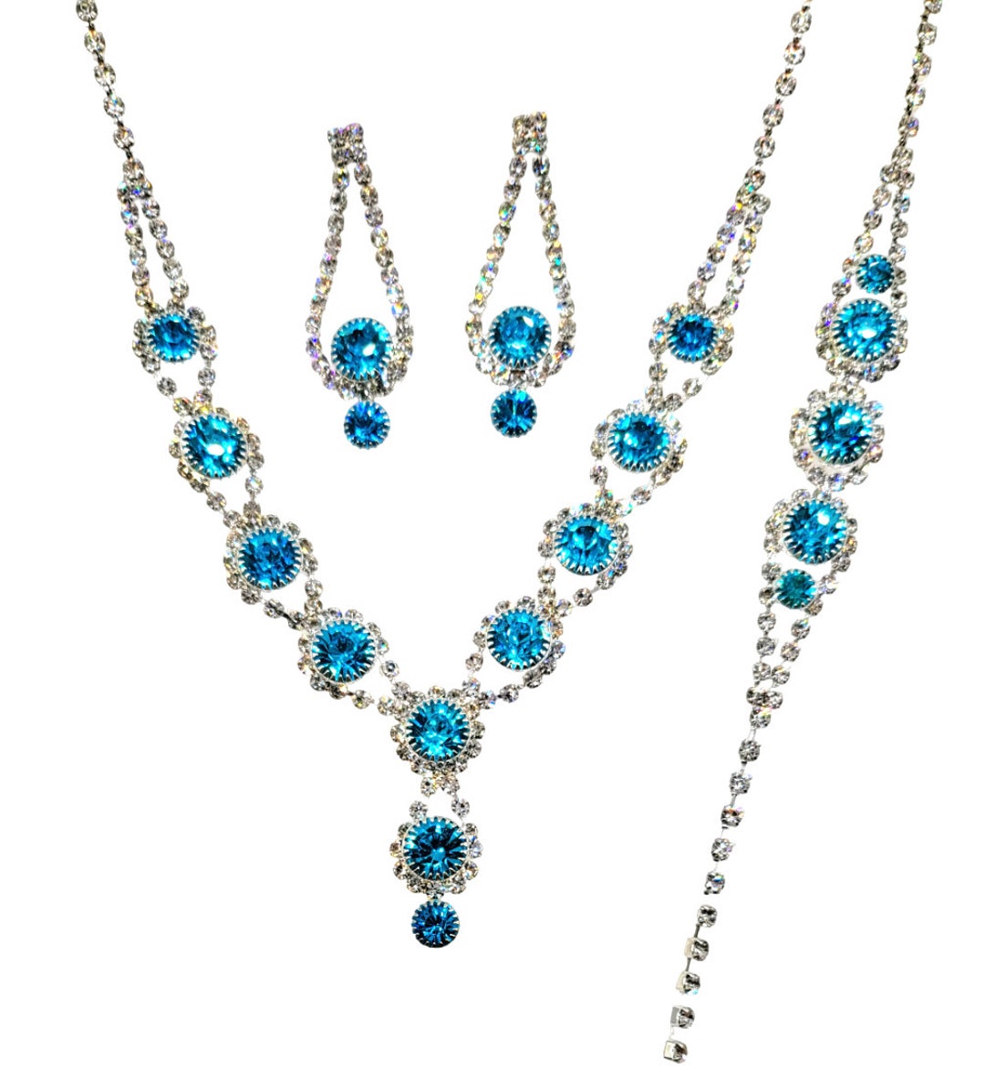 3PC Necklace Set Bridal Set Aqua Blue Rhinestones Jewelry Sets ...