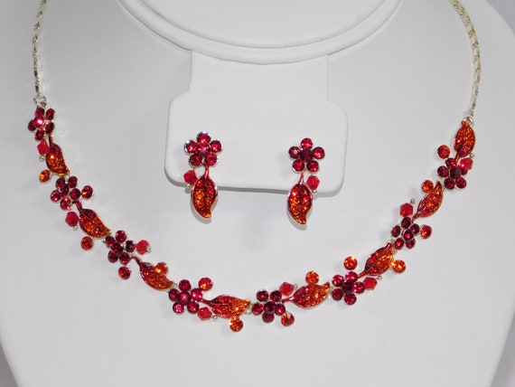 Silver Rhinestone Red / Ruby Flower Prom Necklace and Earrings - Etsy