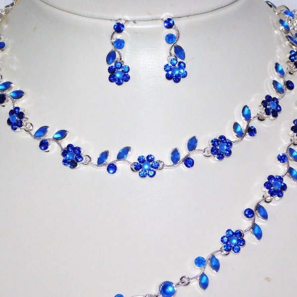 3PC Set Necklace, Earrings and Bracelet Royal Blue Flower Rhinestones Crystal Bridal set/6570