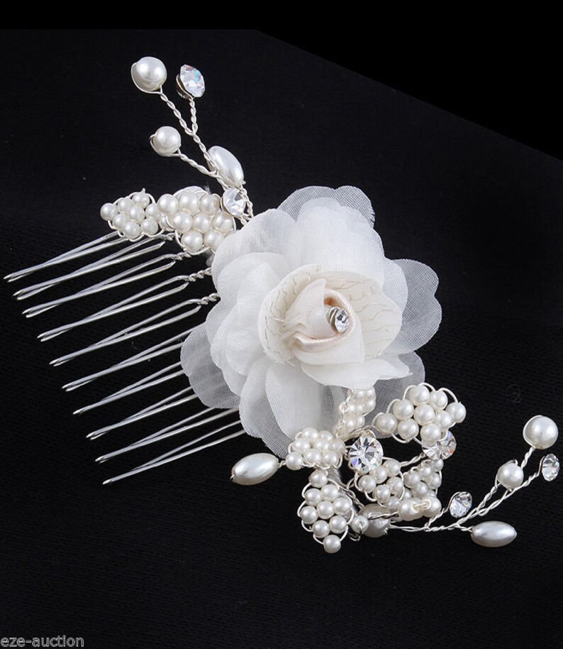 Brand New Brilliant Bride Wedding Ivory Hair Comb With Organza Flowers Pearl and Crystal 3757
