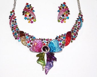 Elegant Multi color Rhinestones Crystal bow necklace and earrings set / 2669