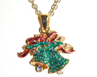 Christmas Gift green Jingle Bells Rhinestone Pendant Gold Chain Necklace /16