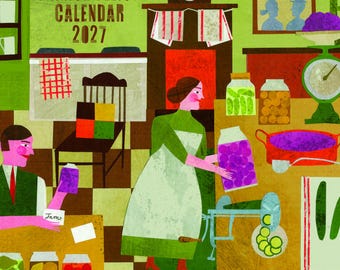 Può includere: Un calendario da parete 2027 intitolato Marion Elliot Calendar 2027 che presenta una colorata illustrazione di una scena di cucina con due figure che preparano barattoli di conserve, inclusi cetriolini, frutta e verdura.