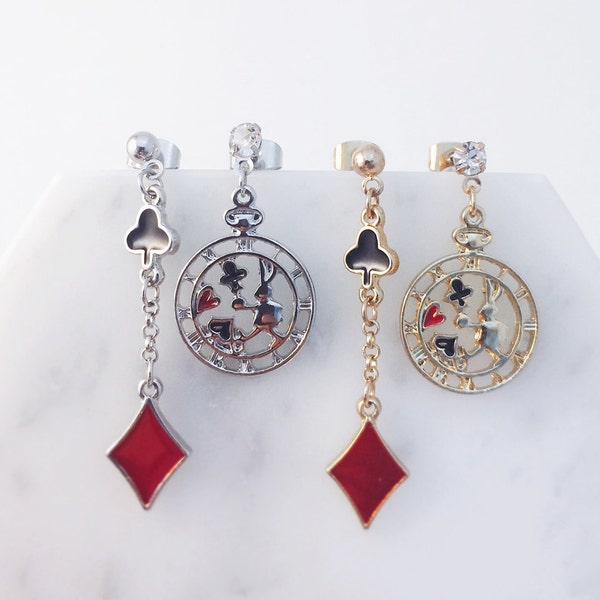 Alice in wonderland pierce; Alice in wonderland earrings; Alice pierces; Alice rabbit; silver pierce; gold pierce