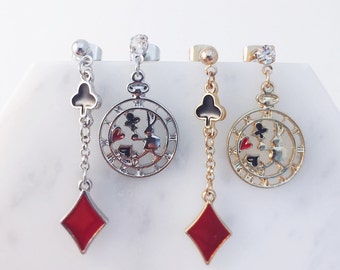 Alice in wonderland pierce; Alice in wonderland earrings; Alice pierces; Alice rabbit; silver pierce; gold pierce